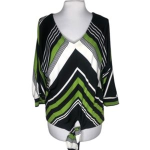 No Brand Label Striped V-Neck 3/4 Sleeve Front Bottom Tie Top Size L